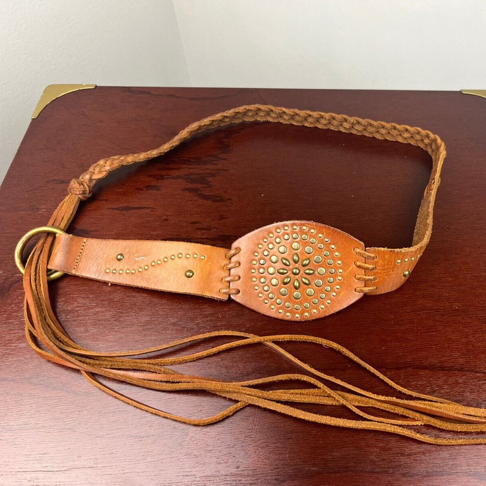 Vintage 90s Y2K 2000s Brown Leather Braided Tassel Belt